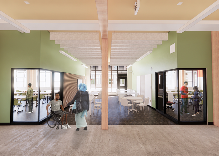 2 rooms with green walls have windows looking out to a common area with a pillar in it